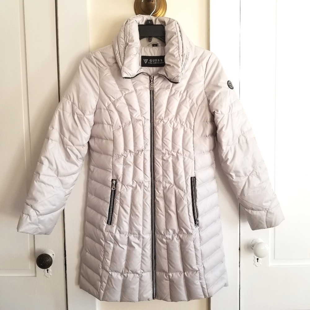 Guess Women's Silver Puffer Winter Down Jacket, M